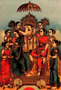 Ganesha with the Ashta (meaning eight) Siddhi. The Ashtasiddhi are associated with Ganesha. Painted by Raja Ravi Varma (1848-1906).